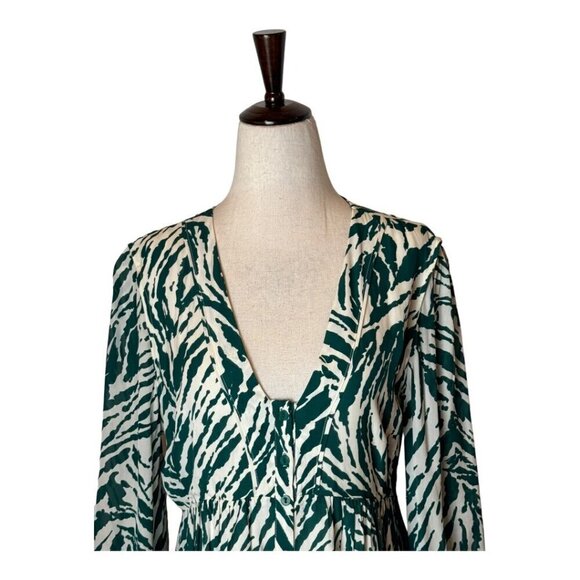 Ba&sh Dress Women 2 Green Ivory‎ Vuzy Abstract Print V Neck Button Down Mini - Picture 4 of 11